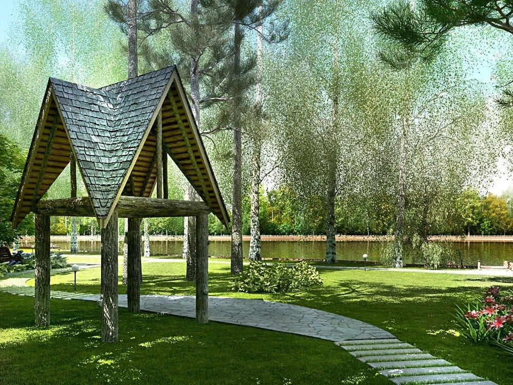 Беседка с двускатной кровлей-шатром у воды
