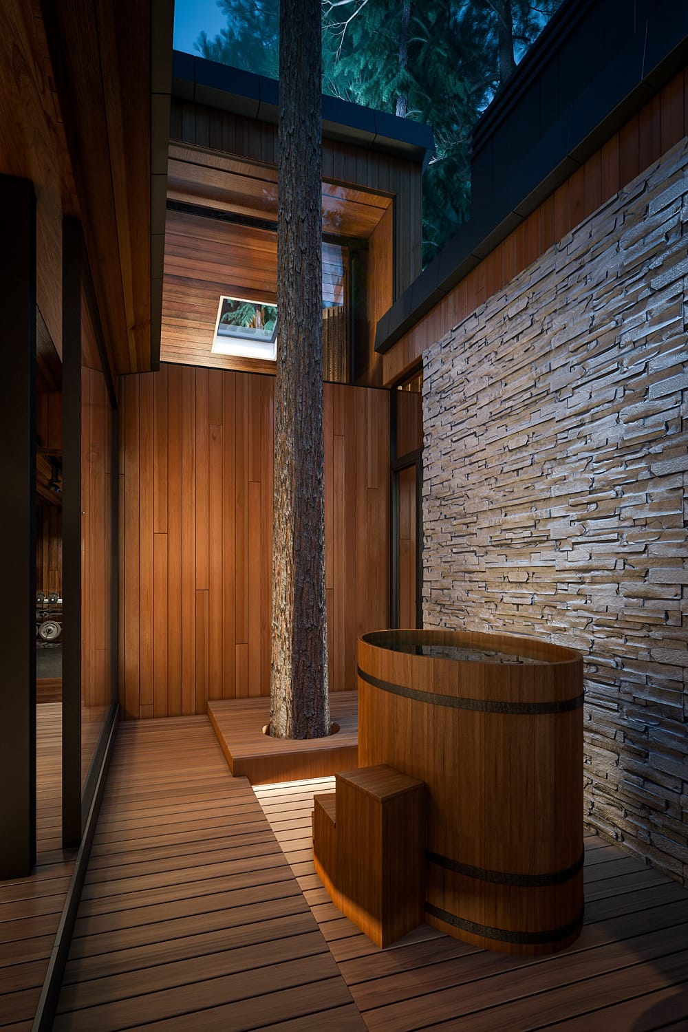 Купель на открытой веранде, экодом в Жуковке
